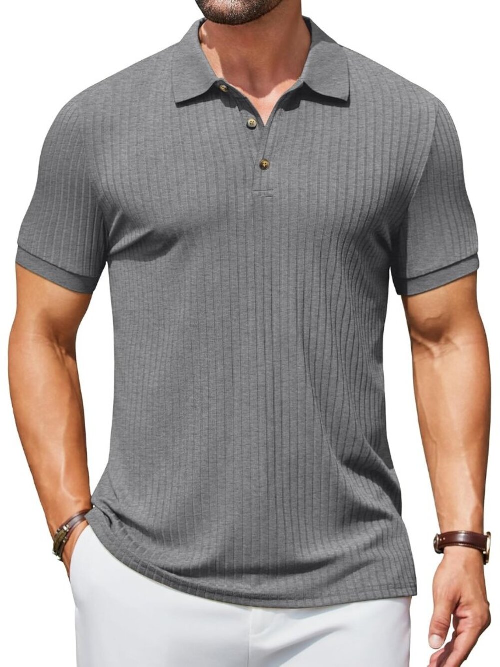 Men's Dark Grey Textured Polo Shirts Short Sleeve Slim Fit Button Polo Casual